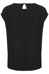 Sort top med afslappet pasform, korte ærmer og en nøglehulrsryg bundet med et stofbånd. Glat tekstur og minimalistisk design.