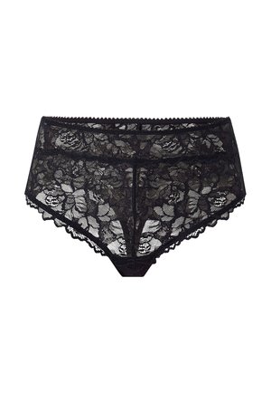 Sorte blonde trusser med blomstermønster, bølgede kanter og en mid-rise design. Fremstillet af gennemsigtig blonde for et delikat udseende.