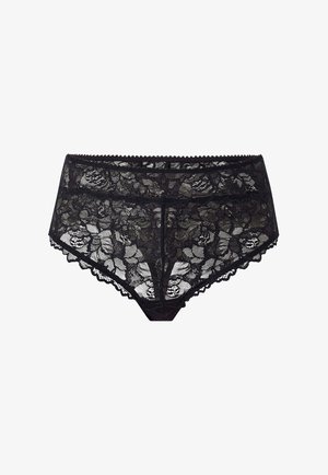 Zwarte kanten slips met bloemmotieven, gegolfde randen en een middelhoge snit. Gemaakt van doorschijnend kantmateriaal voor een delicate uitstraling.