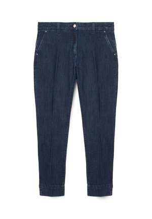 Pantaloni tapered in denim blu scuro con tasche frontali, passanti per cintura e chiusura a bottone in vita.
