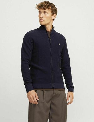 Navy zip-up sweater made of textured fabric, featuring a stand collar and ribbed cuffs and hem. Small logo detail on the left chest.