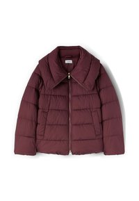 Giubbotto piumino bordeaux con un grande colletto, design trapuntato, zip frontale completa e tasche laterali. Tessuto morbido e leggero.