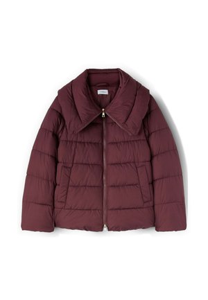 Giubbotto piumino bordeaux con un grande colletto, design trapuntato, zip frontale completa e tasche laterali. Tessuto morbido e leggero.