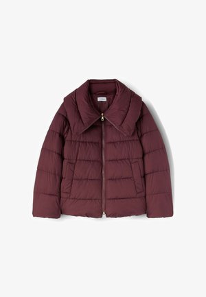 Burgundy puffer jacket with a large collar, quilted design, full front zipper, and side pockets. Smooth, lightweight fabric.
