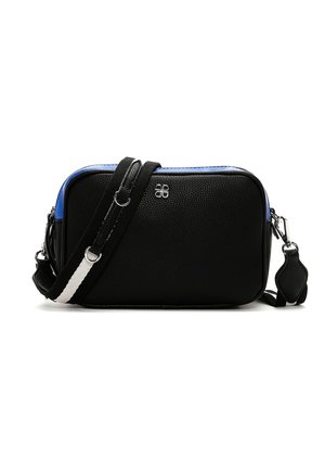 Borsa a tracolla rettangolare nera con trama, rifiniture blu, tracolla regolabile nera con striscia bianca e piccolo logo argentato sul davanti.