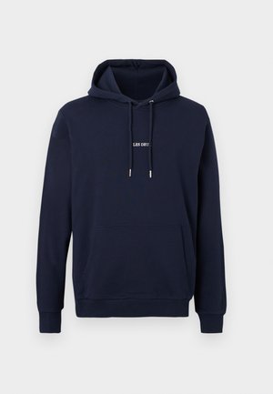 Tengerészkék kapucnis pulóver elején zsebbel, húzózsinóros kapucnival és a mellkas közepén fehér "LES DEU" felirattal.