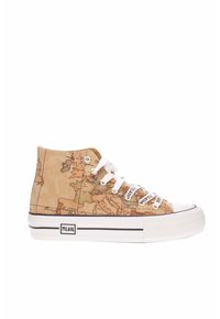 Sneakers alto con stampa mappa, tessuto marrone chiaro, lacci bianchi e suola in gomma nera con dettaglio del logo sul lato.