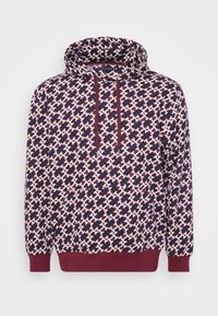 Hætte sweatshirt med et geometrisk mønster i marineblå, hvid og bourgogne, med en frontlomme og ribbet manchetter og kant.
