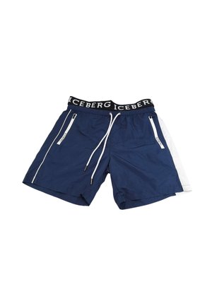 Costume da bagno blu navy con strisce laterali bianche, tasche frontali con zip, coulisse bianca e fascia elastica nera con marchio "ICEBERG".