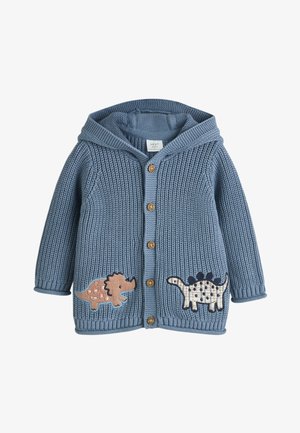 Niebieski sweter na drutach z kapturem, zdobiony brązowymi i wzorzystymi aplikacjami dinozaurów, drewnianymi guzikami oraz ściągaczami na mankietach i na dole.