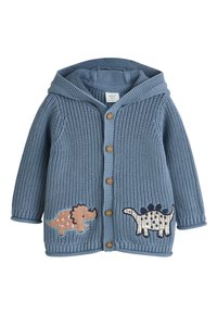 Cardigan tricoté bleu avec capuche, orné d'appliqués de dinosaures marron et à motifs, boutons en bois, poignets et ourlet côtelés.