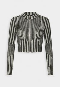 Cardigan chiuso con zip, in nero e grigio, caratterizzato da un motivo a righe verticali e dettagli testurizzati. Collo a coste e maniche aderenti.