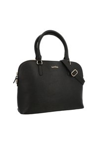 Borsa sintetica nera con doppi manici, tracolla rimovibile, ferramenta color oro e finitura testurizzata. Scomparto principale con zip.