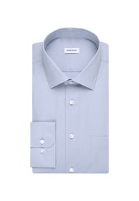 Light blue button-up shirt with a classic collar, long sleeves, and a chest pocket. Made from smooth fabric with white buttons.