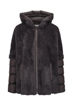 Dunkelbraune Kapuzenjacke mit strukturiertem Kunstfell vorne, gesteppte gepolsterte Ärmel, Frontreißverschluss und Seitentaschen.