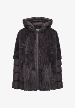 Dark brown hooded jacket with textured faux fur front, quilted padded sleeves, front zipper, and side pockets.