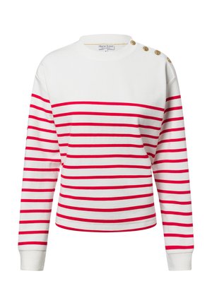 Weißes Langarmshirt mit roten horizontalen Streifen. Verfügt über einen Rundhalsausschnitt und vier goldene Knöpfe auf der linken Schulter. Weicher Stoffeindruck.