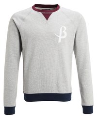 Felpa grigia con scollo bordeaux e polsini blu navy, caratterizzata da un logo ricamato bianco sul petto e un design classico a girocollo.