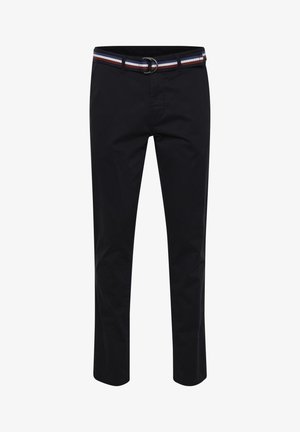 Pantaloni chino din bumbac negru, cu o curea țesută cu dungi. Include un fermoar la fermoar, buzunare frontale și o formă îngrijită, croită.