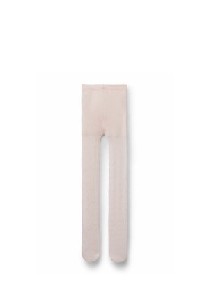 Collants opaques beige clair avec une taille haute, affichés à plat sur un fond blanc.