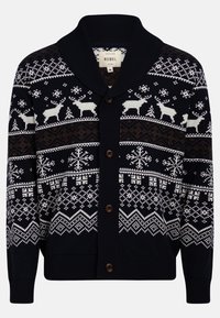Cardigan cu model marin, cu guler de șal, având fulgi de zăpadă albi, reni și desene geometrice; nasturi din lemn închis; manșete cu dungi.