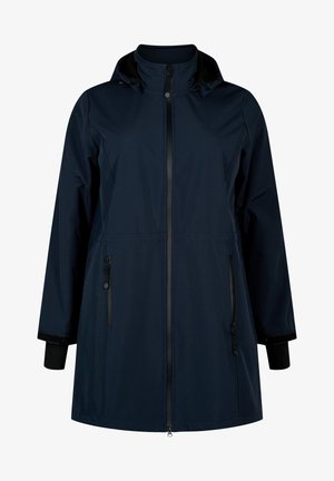 Marineblaue wasserdichte Jacke mit Reißverschluss, zwei Seitentaschen, hohem Kragen und schwarzen Akzenten an den Bündchen. Glattes, strapazierfähiges Material.