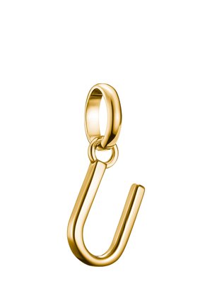 Goldener Creolen-Ohrring mit einem verbundenen, offen-endigen U-förmigen Anhänger, poliert und glänzend auf weißem Hintergrund.