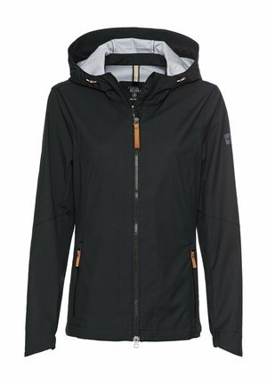 Black jacket with a hood, zip front, and two zippered side pockets. Features brown leather accents and light gray interior lining.