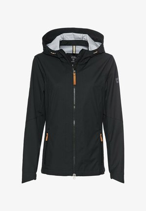 Schwarze Jacke mit Kapuze, Reißverschluss vorne und zwei Reißverschlusstaschen an den Seiten. Mit braunen Lederakzenten und hellgrauem Innenfutter.