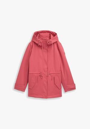 Różowa przeciwdeszczowa kurtka z kapturem, wyposażona w regulowane sznurki przy kapturze i w talii, z przodu zatrzaski oraz kieszenie z klapkami zapinanymi na zatrzaski.
