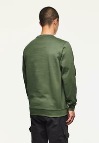 Sudadera verde oliva con cuello redondo, puños y dobladillo acanalados. Presenta una costura sutil en la parte posterior y una textura de tela suave.