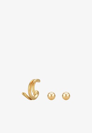 Accessoires d'oreilles en ton or, comprenant une boucle tordue et deux clous sphériques lisses. Design minimaliste avec une finition poli, mettant en valeur l'élégance.