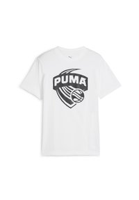 Camiseta blanca de algodón con un logo negro de Puma y un gráfico de baloncesto, de manga corta y diseño de cuello redondo.
