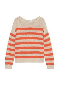 Beżowy sweter z dzianiny w poziome pomarańczowe paski, z długimi rękawami, teksturą dzianiny i okrągłym dekoltem.