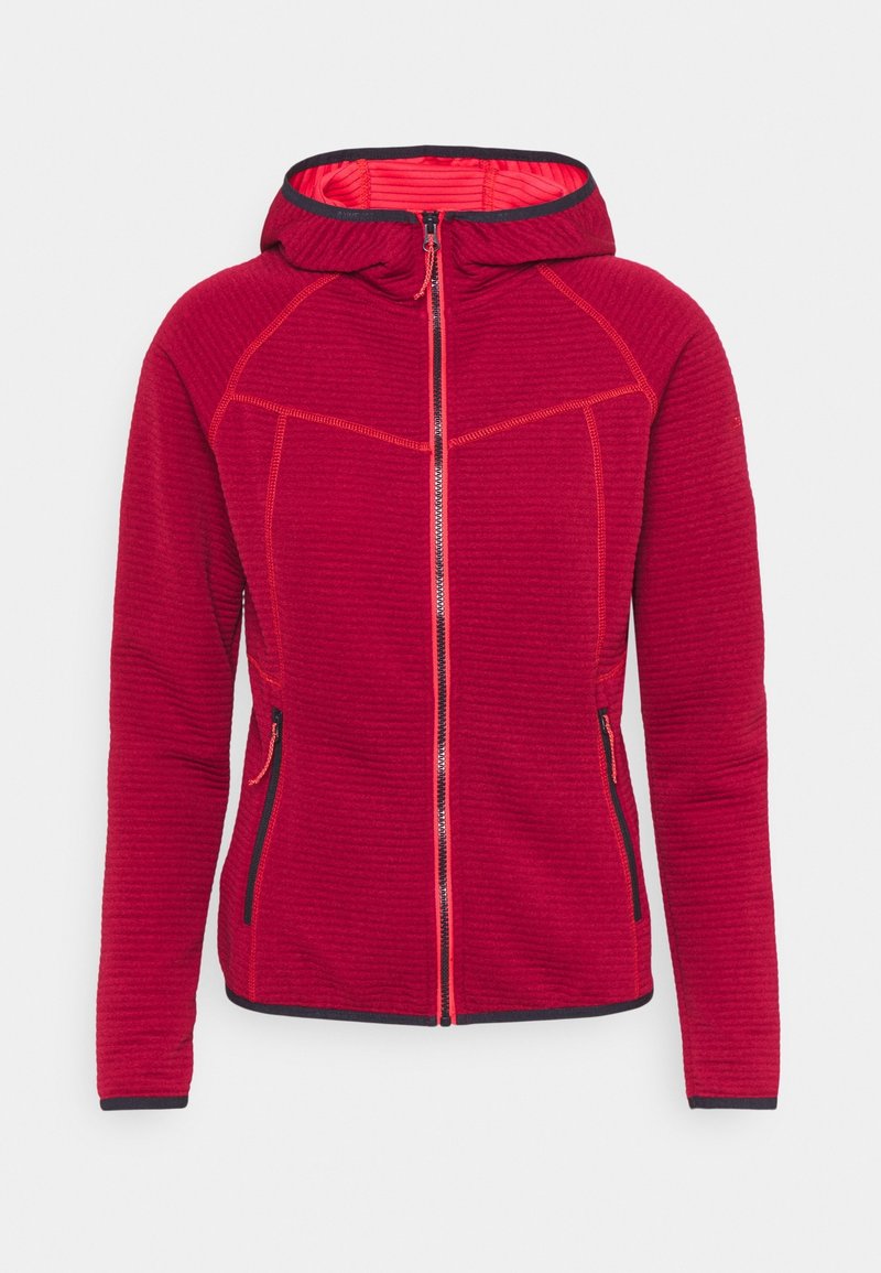 Veste rouge à capuche avec fermeture éclair intégrale, tissu texturé, bordure noire aux poignets et à l'ourlet, et deux poches avant zippées.