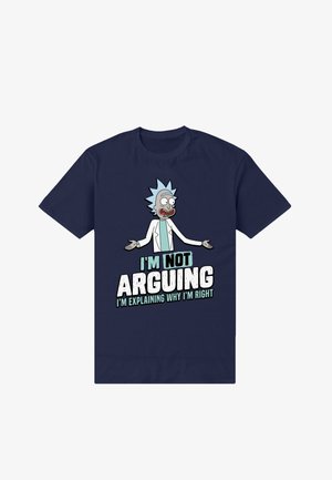 Granatowy bawełniany t-shirt z nadrukiem kreskówkowej postaci z niebieskimi, sterczącymi włosami, ubraną w biały fartuch laboratoryjny oraz tekstem: "NIE KŁÓCĘ SIĘ, TŁUMACZĘ, DLACZEGO MAM RACJĘ."