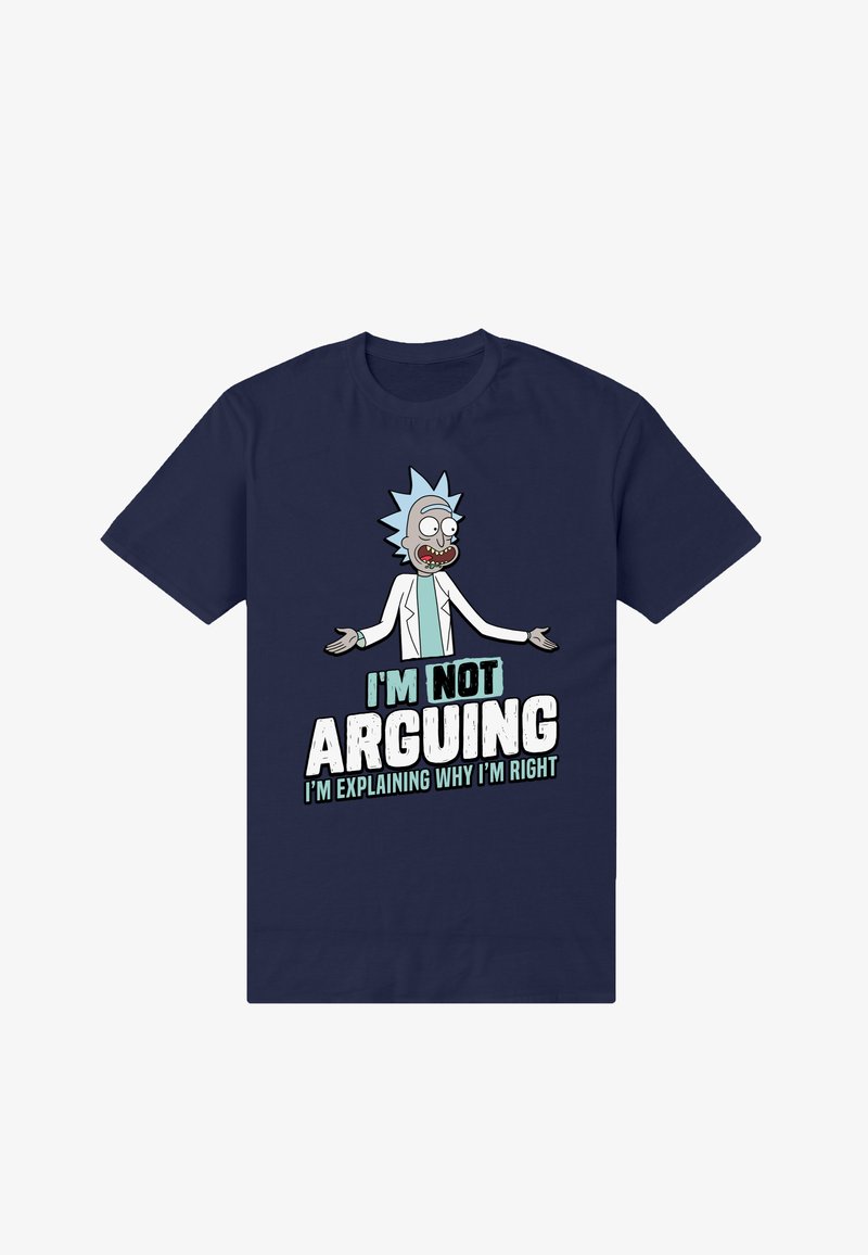 Granatowy bawełniany t-shirt z nadrukiem kreskówkowej postaci z niebieskimi, sterczącymi włosami, ubraną w biały fartuch laboratoryjny oraz tekstem: "NIE KŁÓCĘ SIĘ, TŁUMACZĘ, DLACZEGO MAM RACJĘ."