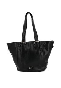 Borsa tote in finta pelle nera con due lunghe tracolle, design a pieghe e hardware in tonalità argento. Include una placca con il logo alla base.