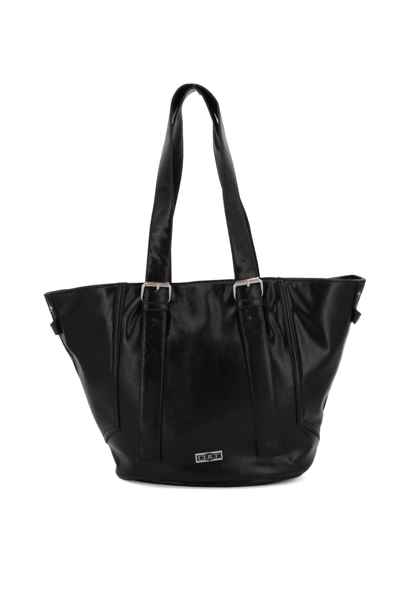 Borsa tote in finta pelle nera con due lunghe tracolle, design a pieghe e hardware in tonalità argento. Include una placca con il logo alla base.