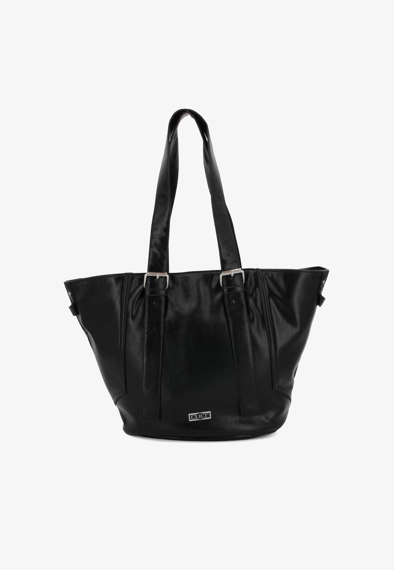 Borsa tote in finta pelle nera con due lunghe tracolle, design a pieghe e hardware in tonalità argento. Include una placca con il logo alla base.