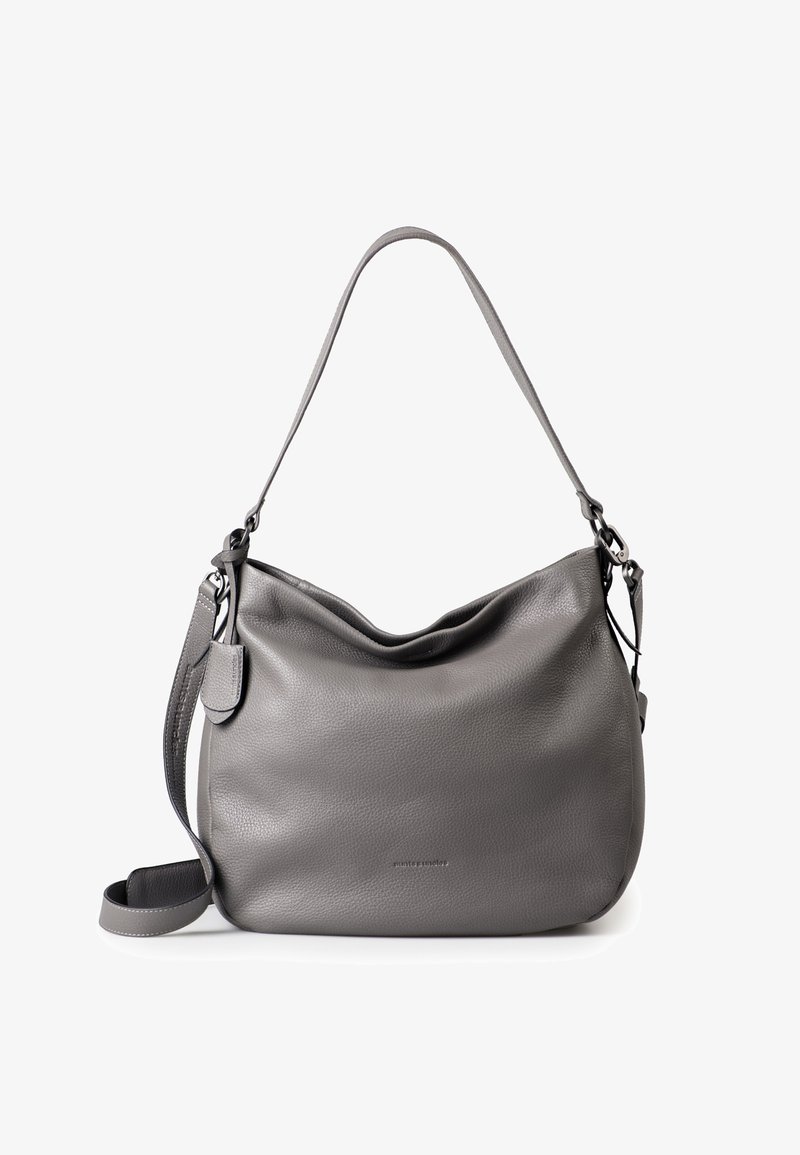Gray leather handbag with a slouchy design, single adjustable shoulder strap, and subtle branding on the front. Smooth texture.