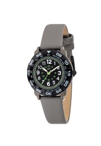 Grijze leren horloge met een zwarte wijzerplaat, witte en groene cijfers, en tachymeter-markeringen. Bevat zilveren wijzers en een zwarte bezel.