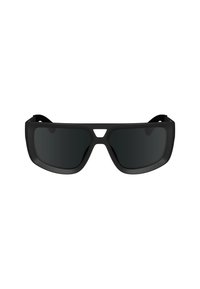 Black sunglasses with a geometric shape, dark lenses, and a matte finish frame. Notable for a distinctive, angular bridge design.