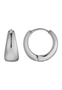Silvermetal hängörhänge med en slät, polerad yta. Har en geometrisk vattendroppe-accent. Enkelt och modernt design.