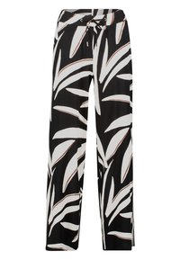 Pantaloni a gamba larga bianco e nero con motivo a foglie, cintura elastica e dettaglio con lacci regolabili.