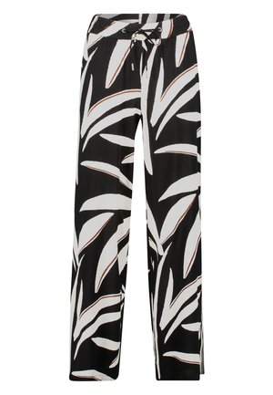 Pantalons larges à motif noir et blanc avec un design de feuilles, taille élastique et cordon de serrage ajustable.
