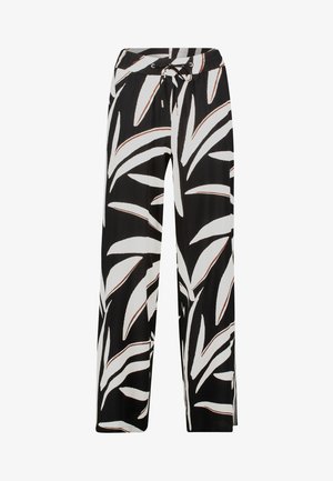 Černobílé kalhoty širokého střihu se vzorem listů, elastickým pasem a nastavitelným šňůrkovým detailem.