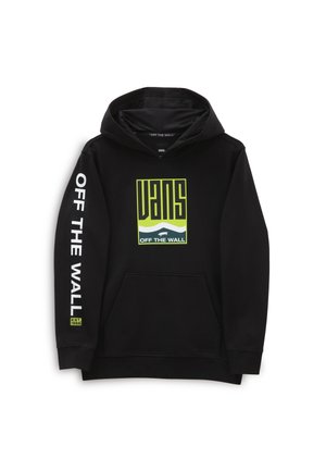 Sweat à capuche noir Vans avec poche avant, logo "VANS OFF THE WALL" en vert et blanc sur la poitrine, et texte "OFF THE WALL" sur la manche gauche.