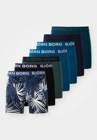 Hét pár férfi boxer alsónadrág BJÖRN BORG logókkal, változatos színekben: fekete, tengerészkék, zöld, türkiz és pálma levél mintás.