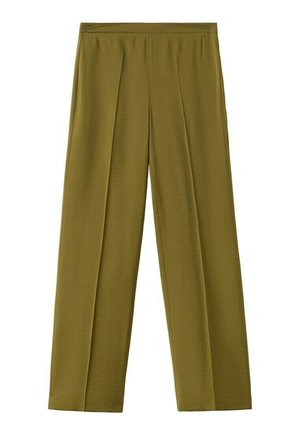 Pantaloni largi verde măsliniu, cu talie înaltă elastica și pliuri frontale pe un fundal alb.